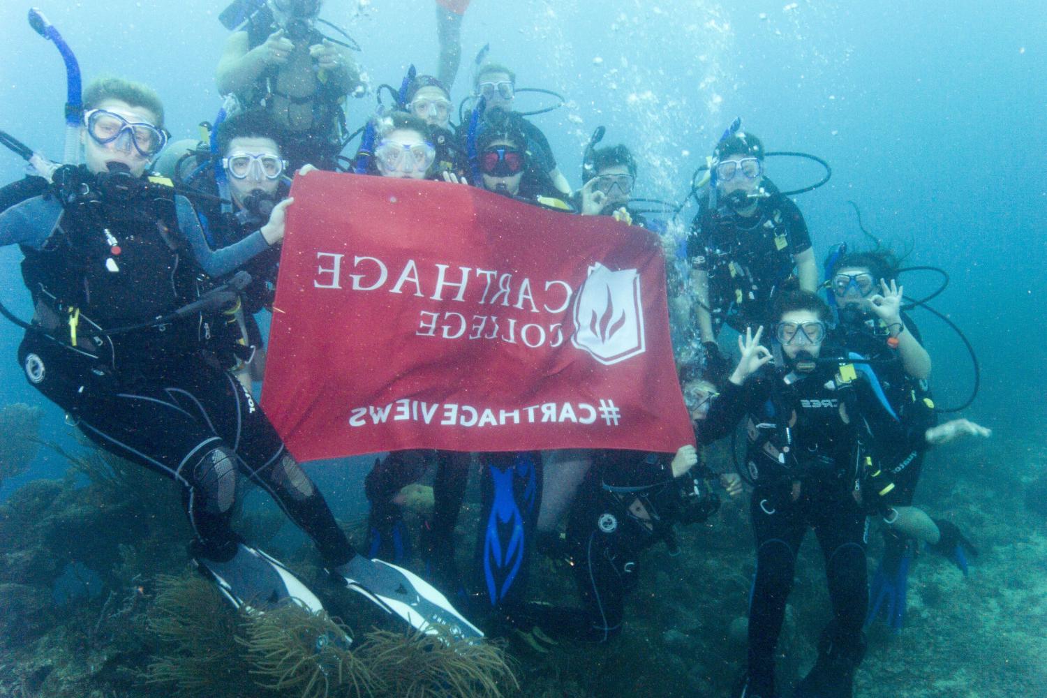 学生们手持<a href='http://k.hongdadengshi.com'>bv伟德ios下载</a>旗帜，在j学期洪都拉斯游学之旅中潜水.